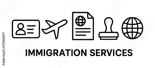 Immigration services icons: id card, airplane, document, stamp, globe