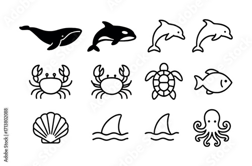 Marine animal icons: whale, dolphin, crab, turtle, fish, shell, octopus