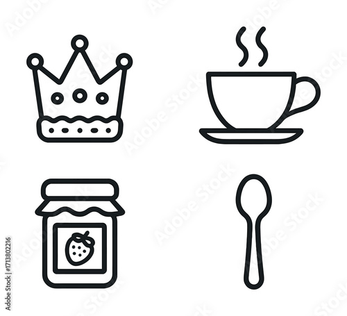 Minimalist icons of crown, tea cup, strawberry jam, and spoon