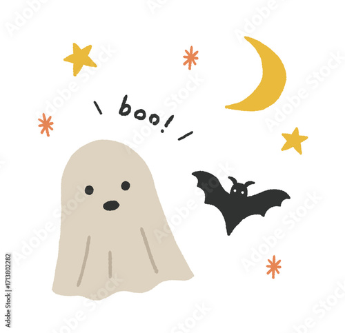 ハロウィンのおばけとコウモリの手書きイラスト
