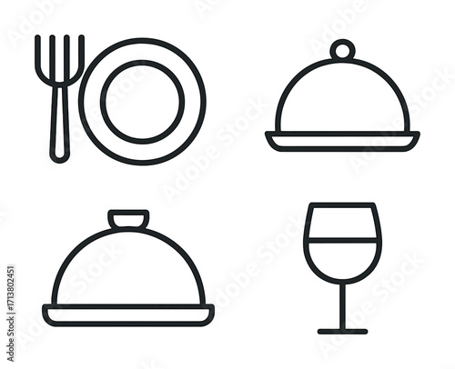 Elegant dining symbols set with utensil, plates, cloche, and wine glass