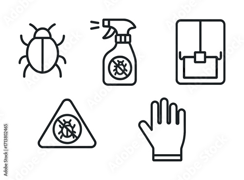 Bug control icons: insect, spray, safety gear, warning sign, and glove