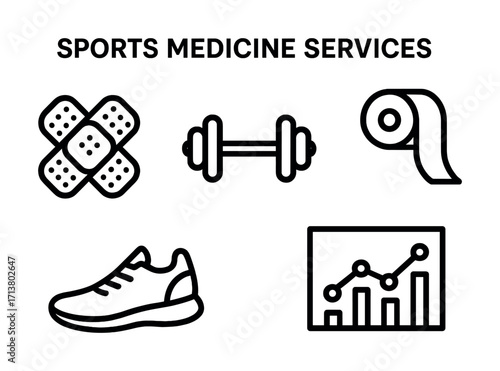 Sports medicine icons: bandage, dumbbell, tape, shoe, graph