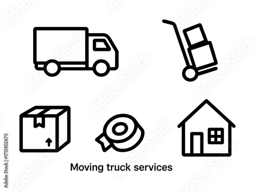 Moving truck services icon set with box, dolly, tape, and house