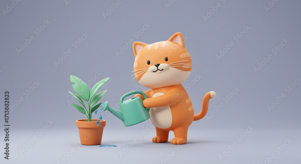 Fototapeta premium Cute Cartoon Cat Watering Plant in Pot on Gray Background
