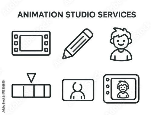 Animation studio services icons featuring tools and characters for creative projects