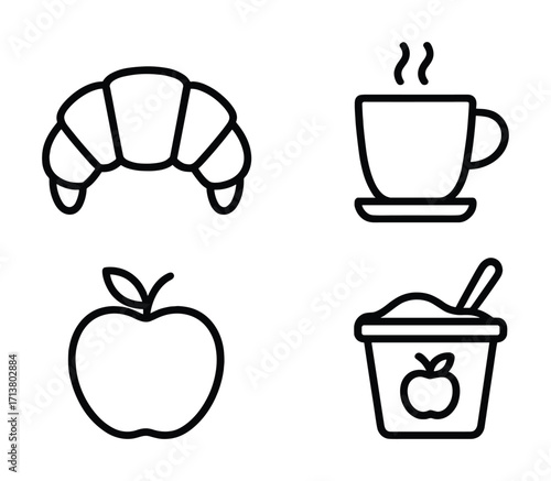 Breakfast icons: croissant, coffee, apple, yogurt – simple black outlines