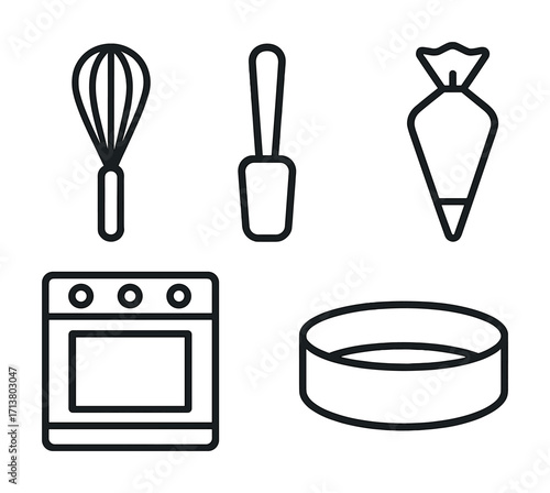 Outline icons of baking tools: whisk, spatula, piping bag, oven, and cake mold