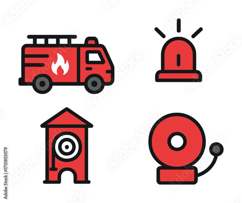 Firefighting icons collection featuring truck, alarm, hose, and bell