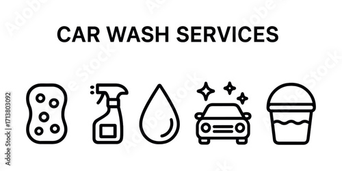 Car wash services icons: sponge, spray bottle, water drop, sparkling car, bucket
