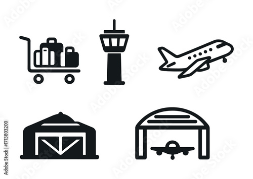 Airport symbols: luggage, control tower, airplane, hangar icons