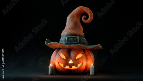 両脇に蝋燭が置かれて、堅そうな魔女の帽子をかぶるハロウィンカボチャ
