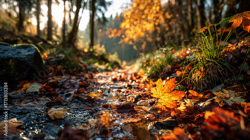 Autumn Leaf Floats in Stream: Fall foliage in a forest. Use for seasonal marketing, web design, or editorial.