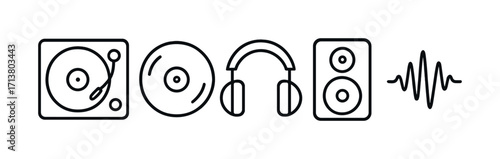 Minimalist icons of turntable, vinyl, headphones, speaker, and sound wave