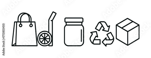 Sustainable shopping icons: bag, cart, jar, recycle, box
