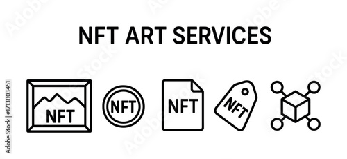Icons representing nft art services: gallery, coin, document, tag, blockchain network