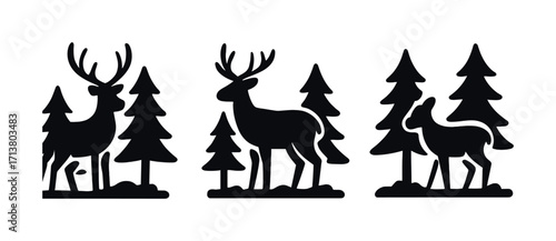 Silhouettes of deer among pine trees in forest landscape