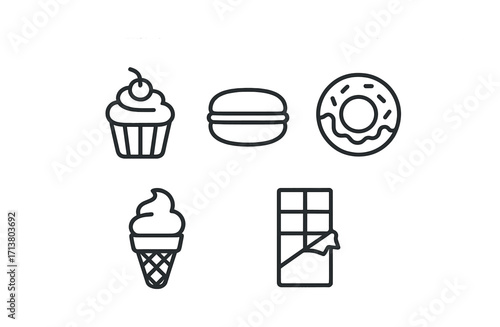Outline icons of cupcake, macaron, donut, ice cream, and chocolate bar