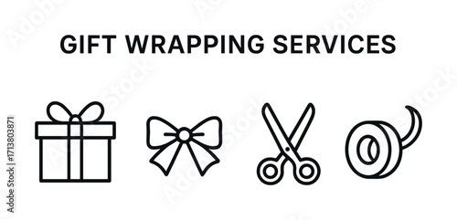 Gift wrapping services icons: present, bow, scissors, tape