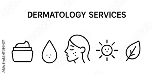Dermatology services icons: lotion, water drop, female face, sun, leaf