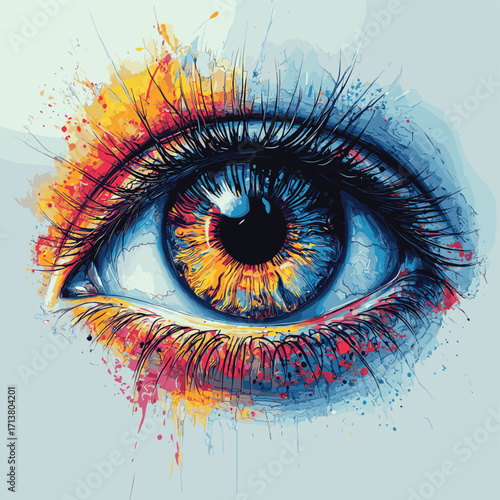 Close-up of a human eye featuring intricate details and vibrant colors representing perception and observation skills , vector style simple color