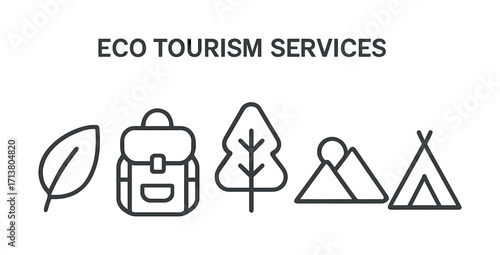 Eco tourism services icons: leaf, backpack, tree, mountains, tent in minimalist style