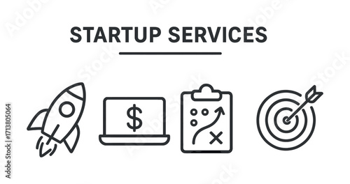 Essential startup services: rocket launch, digital strategy, financial planning, target achievement