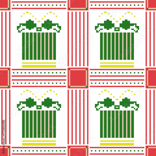Gift box pattern with bold line and red square. Birthday pattern seamless. Geometric, pixel-art ribbons, vertical, cute, modern concept for Christmas wrapping paper, texture, background, ornaments.