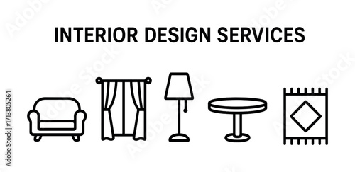 Interior design services icon set featuring sofa lamp table curtain rug