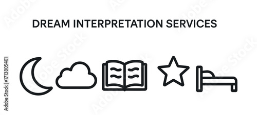 Dream interpretation services icons: moon, cloud, book, star, bed