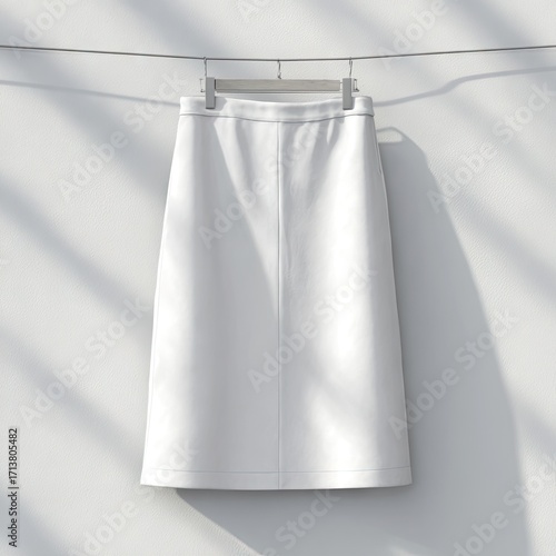 White midi skirt hanging on a clothesline against a plain background