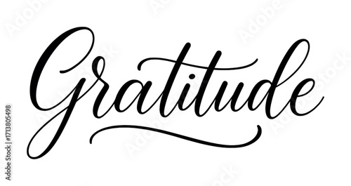 Elegant calligraphy script of the word gratitude in black ink on white background