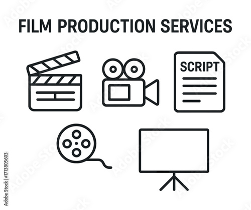 Film production services icon set: clapperboard, camera, script, film reel, screen