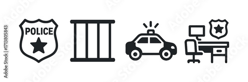 Police badge, jail bars, patrol car, and desk icons representing law enforcement