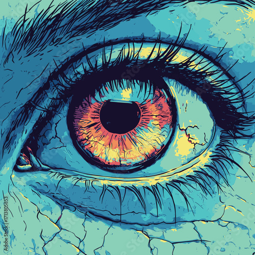 Close-up of a human eye featuring intricate details and vibrant colors representing perception and observation skills , vector style simple color