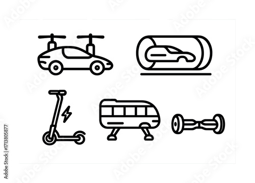 Futuristic transportation: drones, hyperloops, scooters, elevated buses, and hoverboards