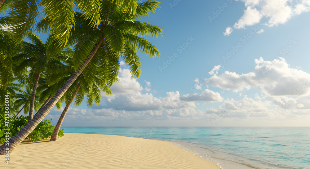 Fototapeta premium Tropical Beach Scene with Palm Trees White Sand and Turquoise Water Under Blue Sky With White Clouds