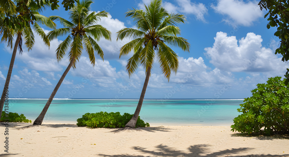 Fototapeta premium Tropical Beach Scene with Palm Trees White Sand and Turquoise Water under a Blue Sky