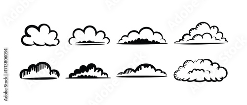 Hand-Drawn Black and White Cloud Icons Set