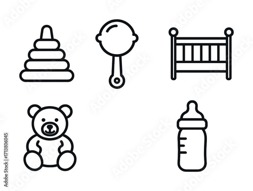 Baby essentials icons set: stroller, rattle, crib, teddy bear, and bottle for nursery design