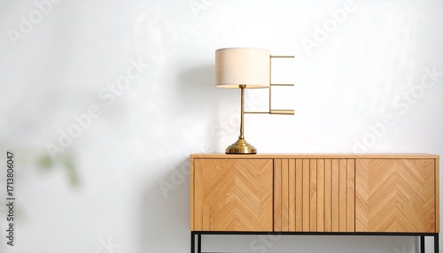 Modern table lamp and cabinet on a white wall