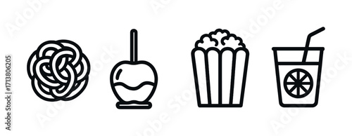 Black and white icons of pretzel, candy apple, popcorn, and soda drink with straw