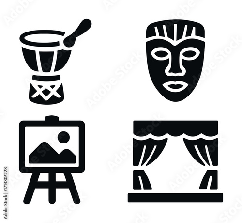 Artistic symbols: drum, mask, canvas, stage in black icons