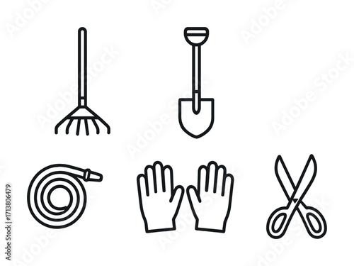 Simple line drawings of garden tools: rake, shovel, hose, gloves, scissors