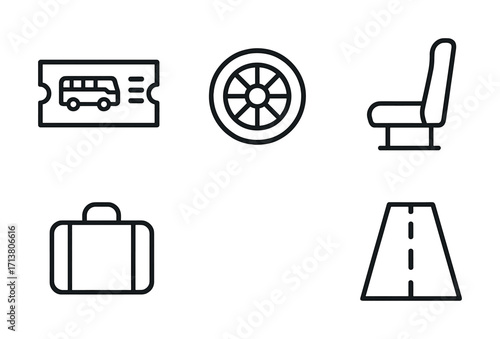 Travel and transportation icons: ticket, wheel, seat, luggage, road