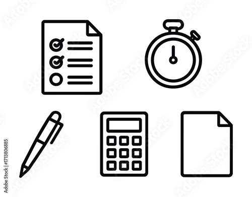 Checklist, stopwatch, pen, calculator, and document icons in black outline