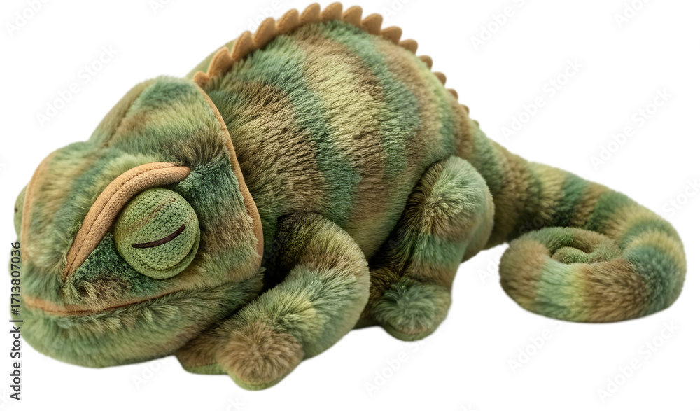 Fototapeta premium Plush chameleon toy resting on a surface with a soft texture, ideal for children's play and decor