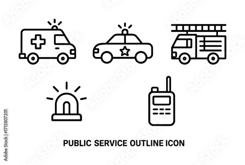 Outline icons of ambulance, police car, fire truck, emergency light, and walkie-talkie