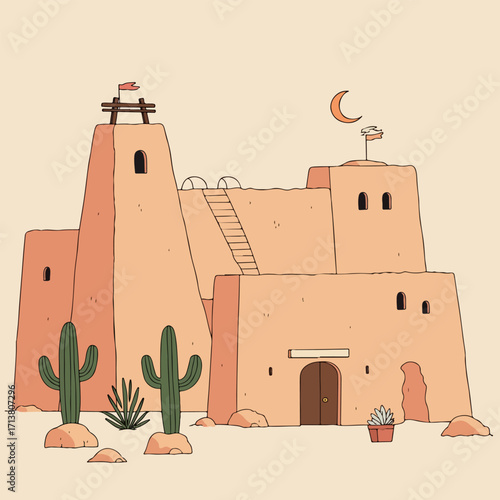 Desert Adobe House Illustration