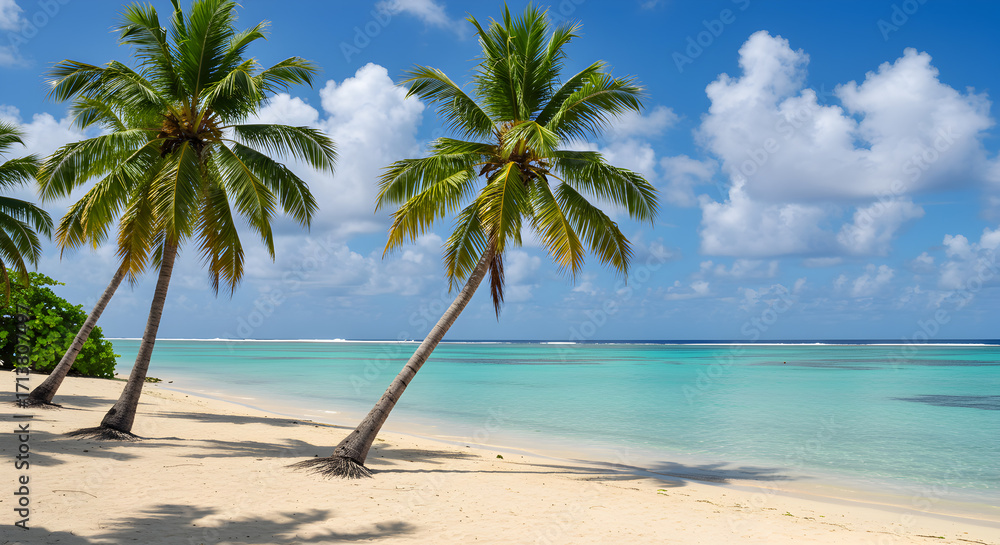 Obraz premium Tropical Beach with Palm Trees Blue Sky and Turquoise Water on Sandy Shore in Bright Daylight